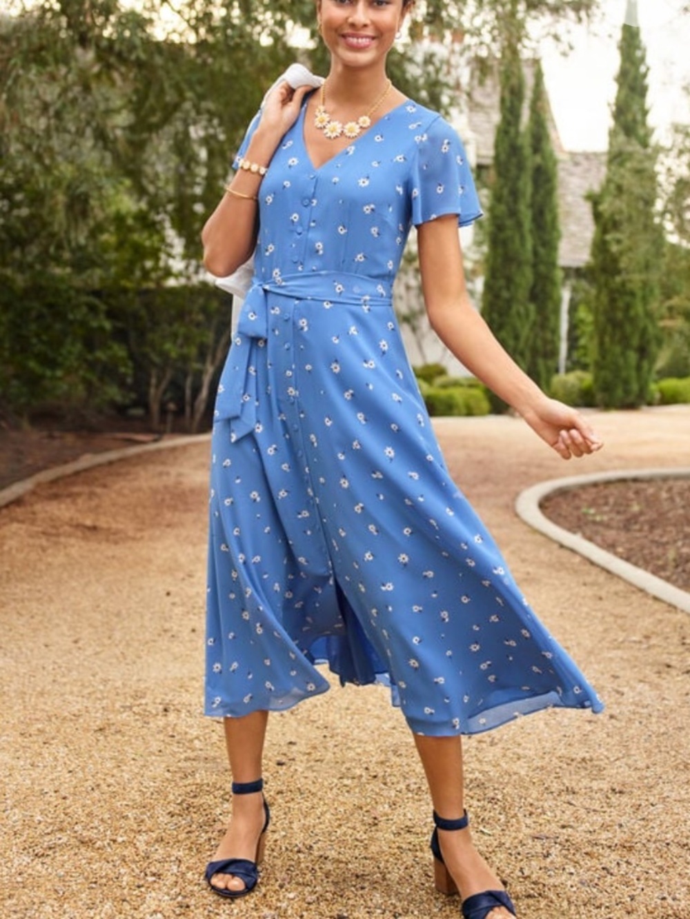 Talbots Midi Dress Scattered Floral Tie Front Belted Flowy Chiffon Short Sleeve - Picture 16 of 16